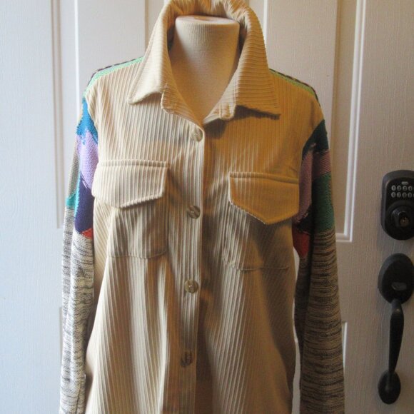 A. Peach Size Small Yellow Tan Corduroy and Multi Colored Sweater Shacket - Picture 3 of 14